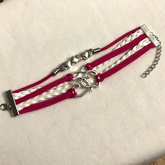 Heart Braided PU Leather Wrap Charm Bracelet Pink White - Picture 1 of 4